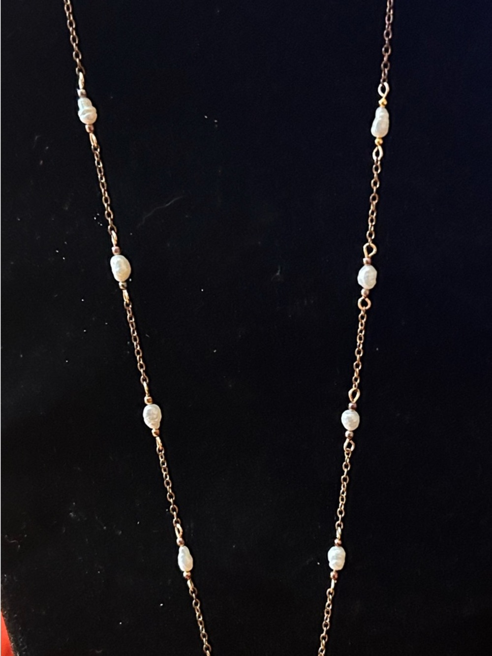 Delicate Gold Toned Pearl Chain Long Classic Necklace Designer Tag HANNAH